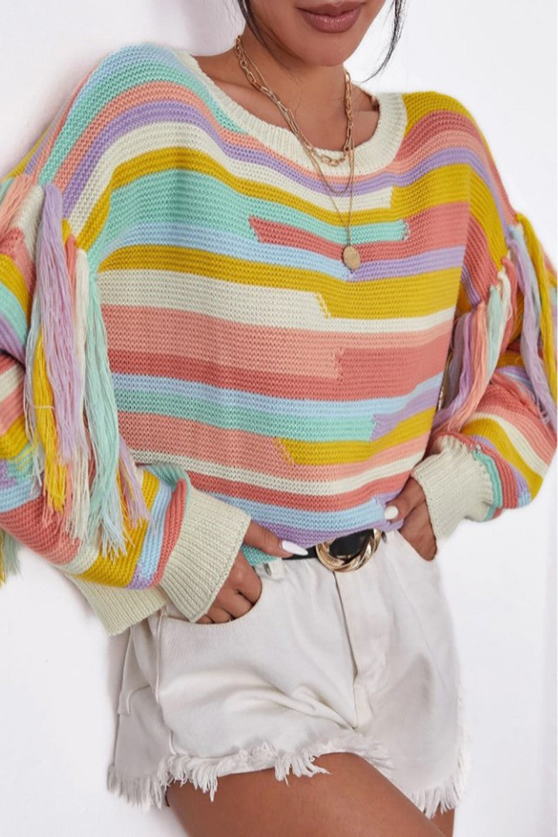 Color Block Fringe Sleeve Sweater – MARY & MAK