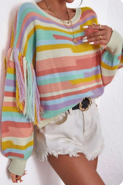 Color Block Fringe Sleeve Sweater