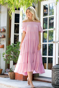 Oh So Sweet Off Shoulder Midi Dress in Light Pink