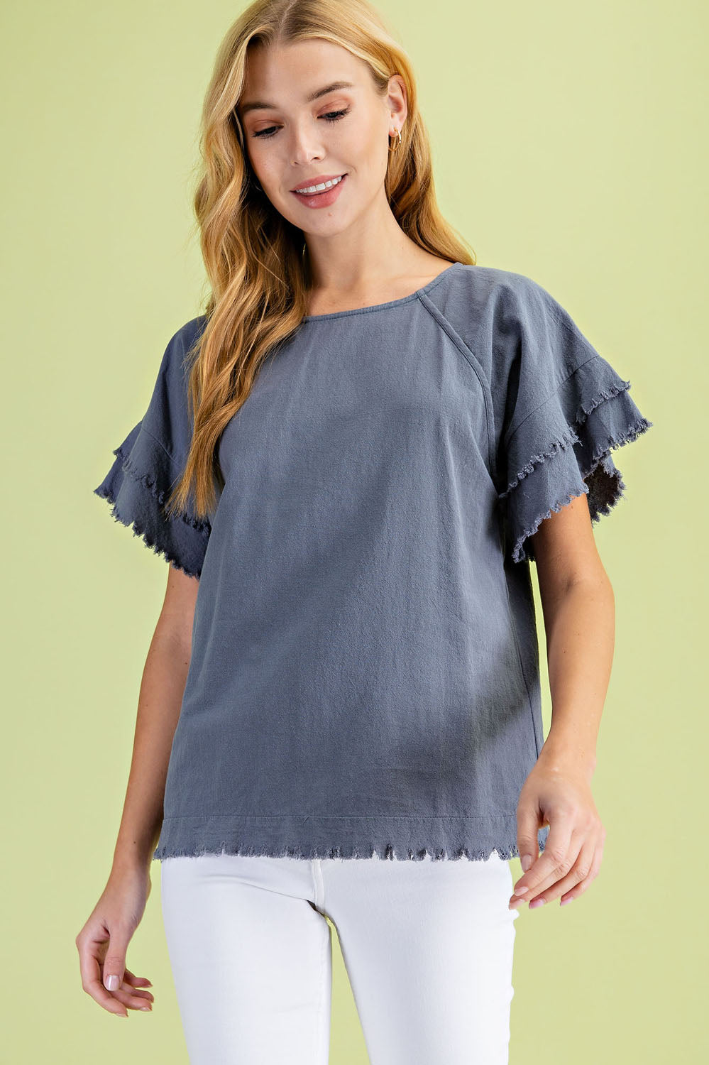 Good Feeling Fray Top in Ash Blue
