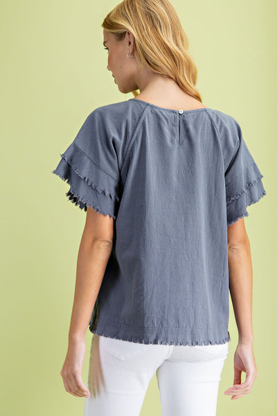 Good Feeling Fray Top in Ash Blue