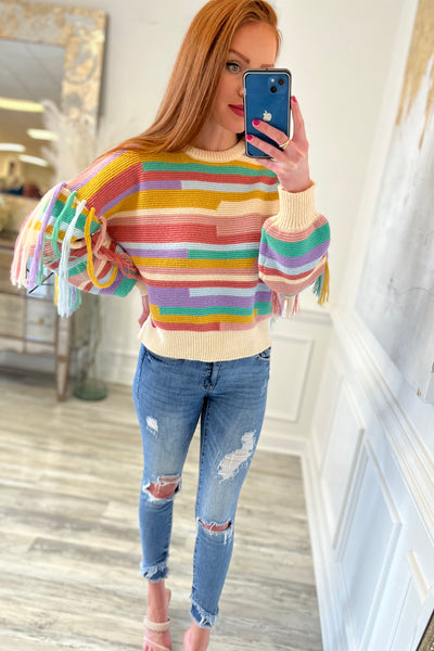 Color Block Fringe Sleeve Sweater